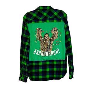 Upcycled Star Wars Chewbacca Green Purple Flannel L Gorpcore Scifi Streetwear